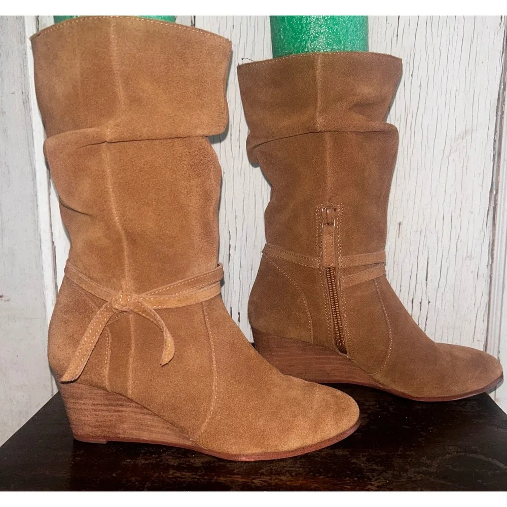 Slouchy Suede Wedge Boots – Boho Chic Western Style midi height Y2K